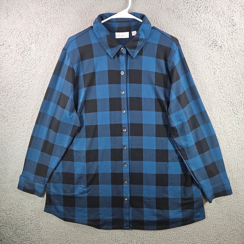 Belle by Kim Gravel Womens 1X‎ Blue Black Plaid Button Front Shirt Pockets